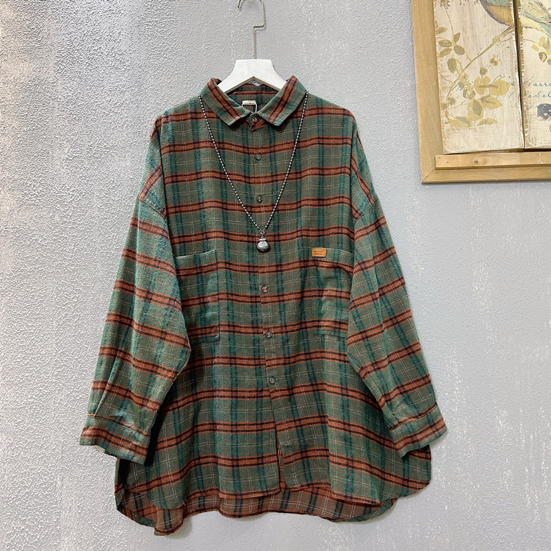 磨毛格子衬衫女2025春季新款宽松大码个性蝙蝠袖开衫衬衣外搭女