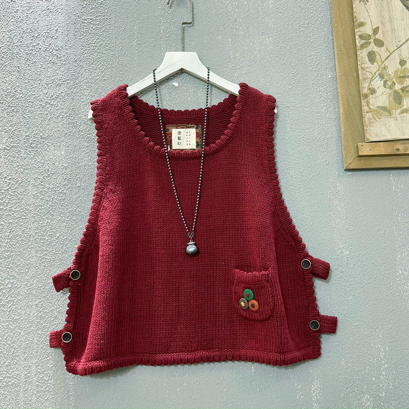 粗棉线马夹女2025秋季新款宽松A版文艺减龄前小口袋外穿毛背心女