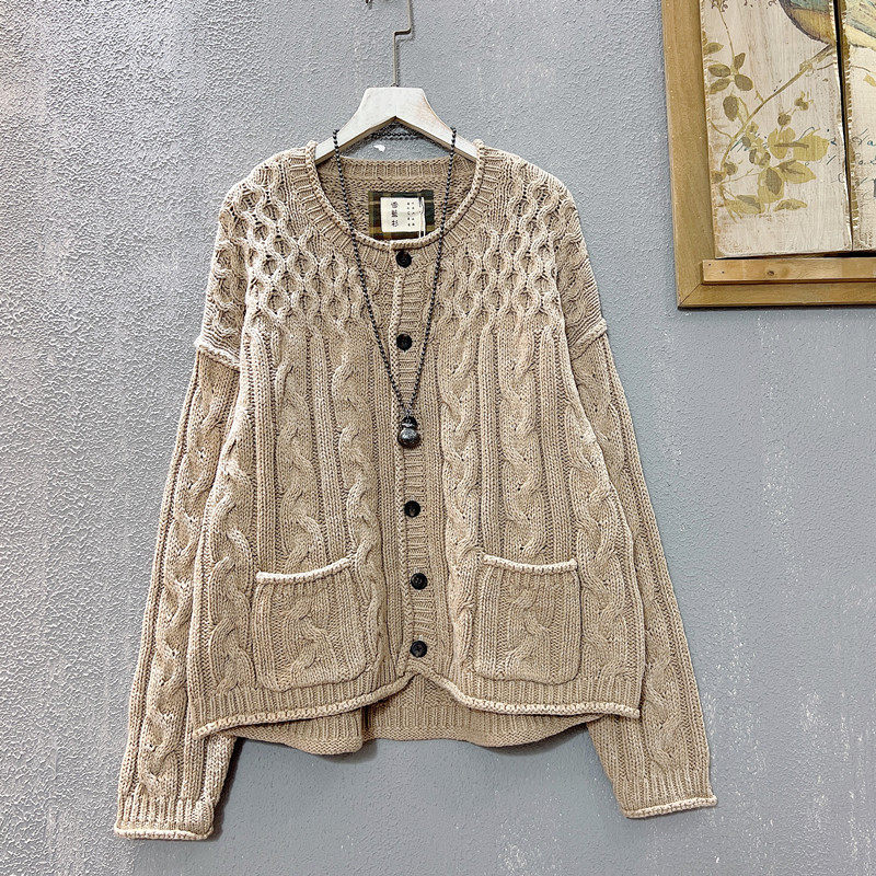 棉线开衫外搭女2025春季新款宽松大码麻花针织单排扣毛衣外套女