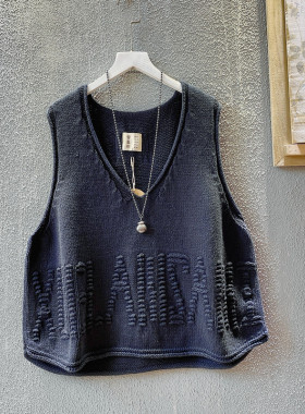 棉线V领马夹女2023春季新款宽松A版雪蓝杉原创字母女士外穿毛背心