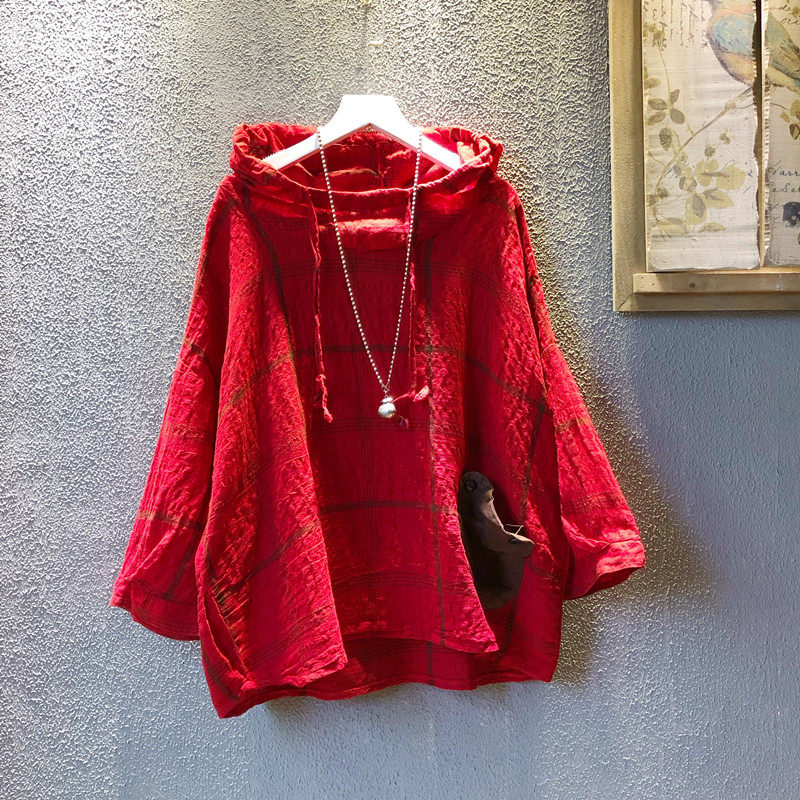 雪蓝杉9179春夏新品 文艺宽松百搭前小口袋棉麻格子连帽娃娃衫女,女装/女士精品,衬衫,淘宝优惠券,粉丝福利购,淘宝优惠卷