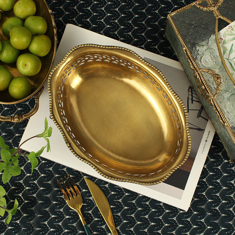 进口黄铜果盘 美式欧式水果干果果篓美式欧式复古摆件钥匙收纳盘