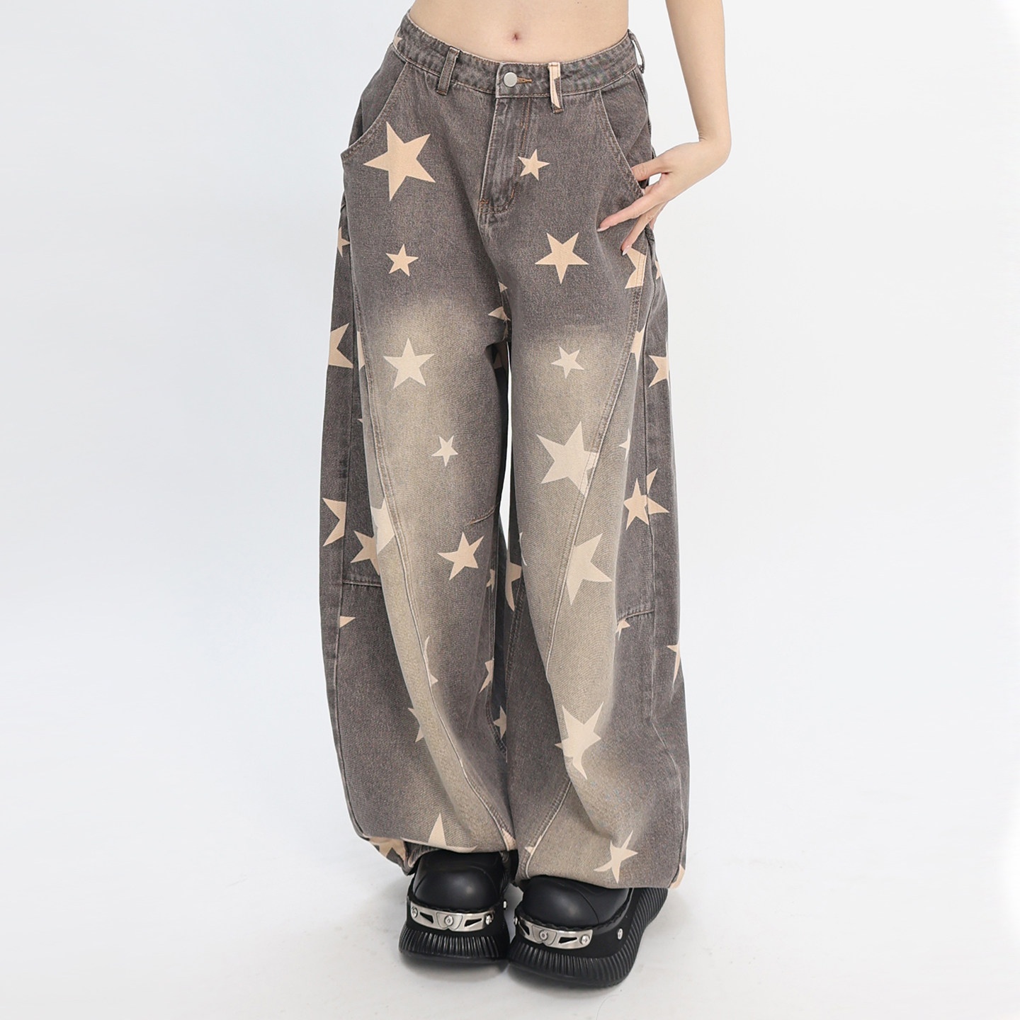 猫愿重工弯刀裤水洗做旧牛仔裤长裤阔腿裤渐变酷低腰2026春女废土