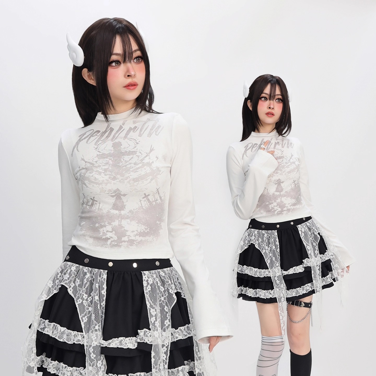 猫愿修身打底印花弹力甜酷小高领