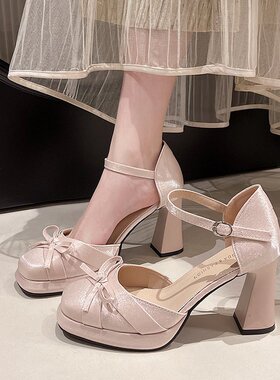 法式蝴蝶结粗跟玛丽珍鞋女2026年新款小个子防水台单鞋女士高跟鞋