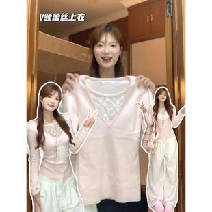 卓泽网批广州面料人棉抓毛260克蕾丝假两件T恤女设计感上衣