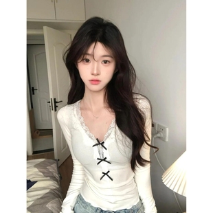 5264满天星已出货人棉260克蝴蝶结v领长袖 辣妹上衣 T恤修身