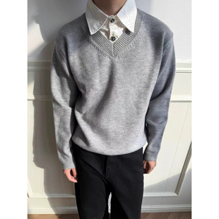 百搭撞色毛衣男翻领冬季青年休闲针织衫男装polo领套头上衣服加厚