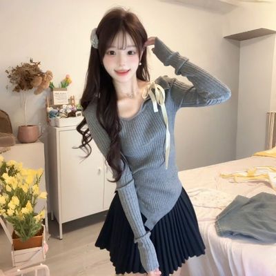 韩系chic系带针织上衣小众甜辣妹设计感露肩修身显瘦毛衣打底衫女