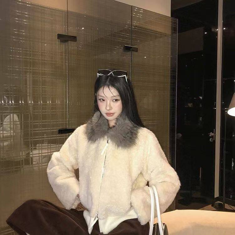 贵气千金仿羊羔毛老钱毛毛拉链外套女秋冬小个子百搭宽松翻领上衣