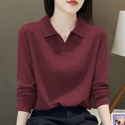 【2217#M-4XL/5色】2025新款翻领POLO衫长袖女百搭纯色上衣时尚减