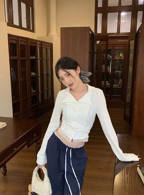 晨领原版品质白色蕾丝花边长袖衬衫女小众衬衣别致短款法式上