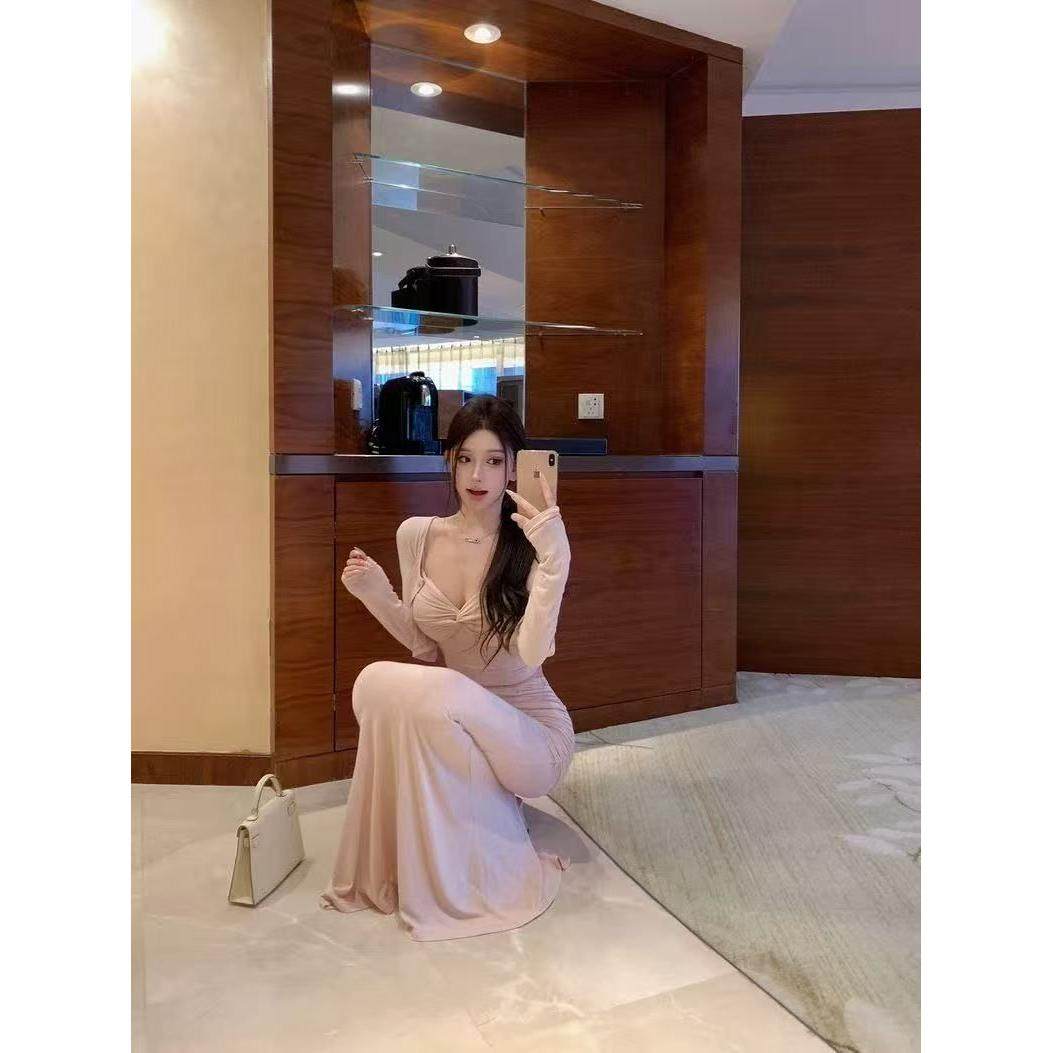 【两件套】纯欲风针织扭结吊带背心圆领长袖开衫包臀半身裙鱼尾长