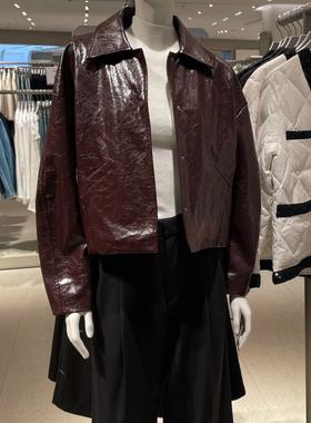 皮质棉衣外套2025冬季新款女装琥珀流光风翻领褶皱皮质棉服