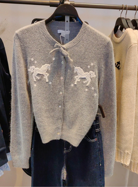 2026春季新款女都市趣味提花蝴蝶结短款针织开衫960001
