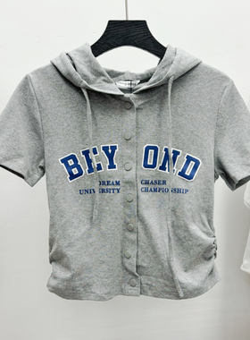 2025夏季新款运动学院风字母印花连帽短袖T恤上衣女WV232021