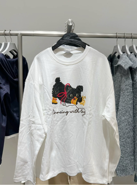长袖T恤2025冬季新款女装休闲趣味小狗印花棉质圆领T恤