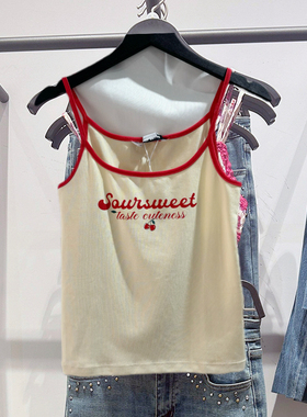 辣妹弹力女2025春季新款女装复古撞色印花修身吊带背心450046