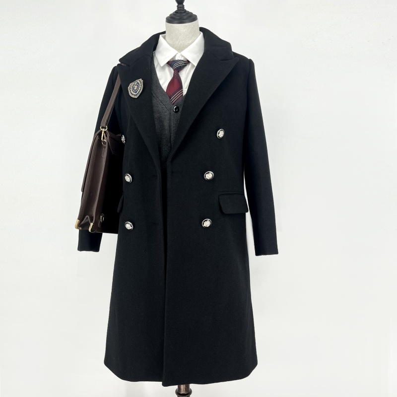 青月社原创黑色双排扣长款大衣