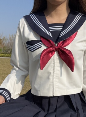 青月社改良白三本水手服百褶裙套装日系学院风原创绀领满襟JK制服
