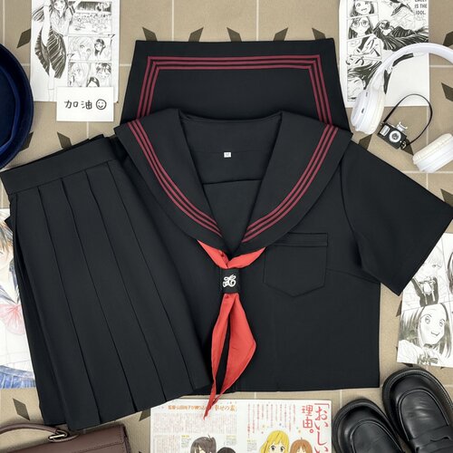 青月社赤三本黑色水手服JK制服