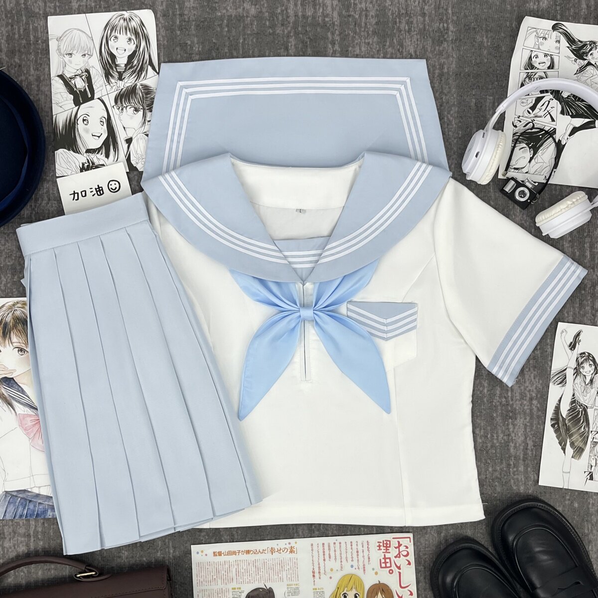 青月社水蓝白三本日系原创小清新水手服JK制服学院风水蓝短裙套装