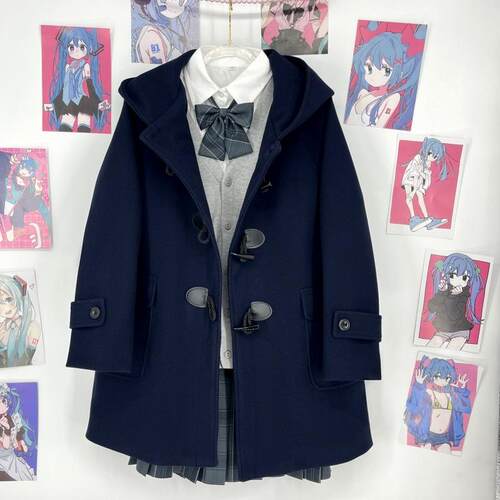 青月社连帽牛角扣大衣秋冬JK制服