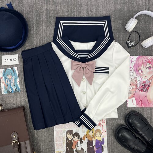 青月社收腰款白三本泡泡袖水手服