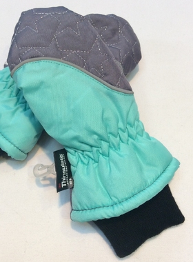 出口新雪丽绿灰色双层防水防滑防风反光儿童保暖滑雪绣花连指手套