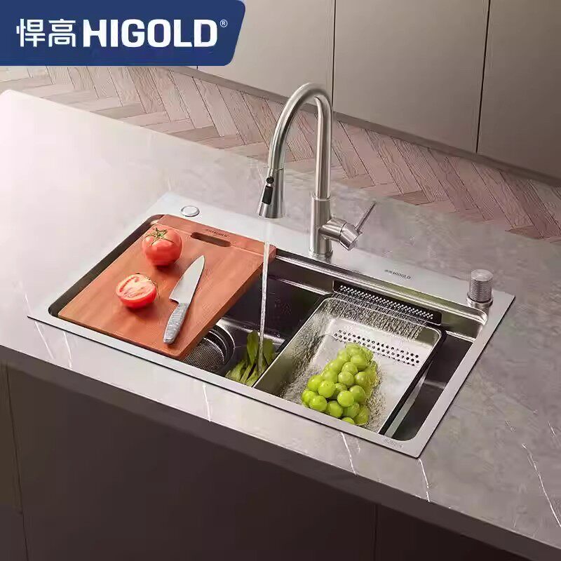 HIGOLD/悍高厨房瀑布水槽304不锈钢大单槽多功能压纹水槽洗碗池
