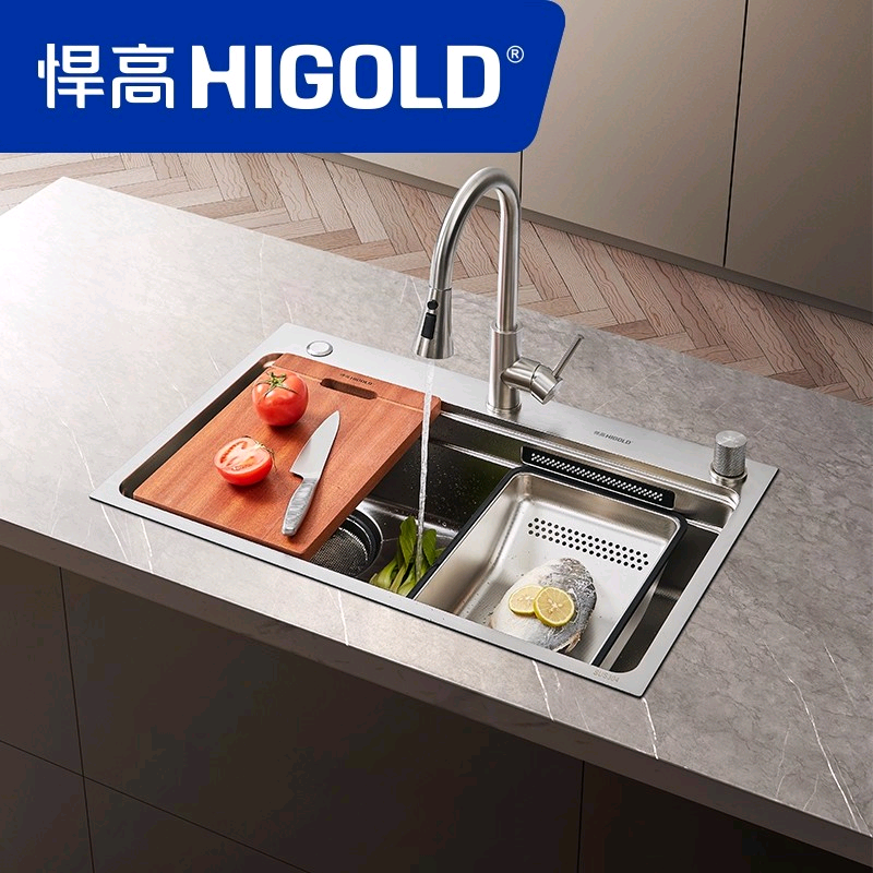 HIGOLD/悍高厨房瀑布水槽304不锈钢大单槽多功能压纹水槽洗碗池,家装主材,水槽套餐,淘宝优惠券,粉丝福利购,淘宝优惠卷