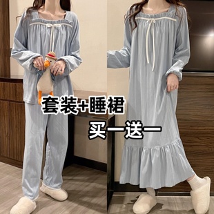 睡衣女士春秋简约长袖纯棉套装宽松2025新款睡裙公主风冬天家居服