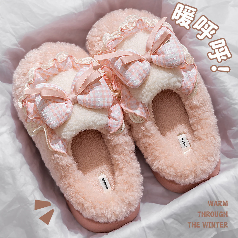 蝴蝶结毛绒棉拖鞋女款