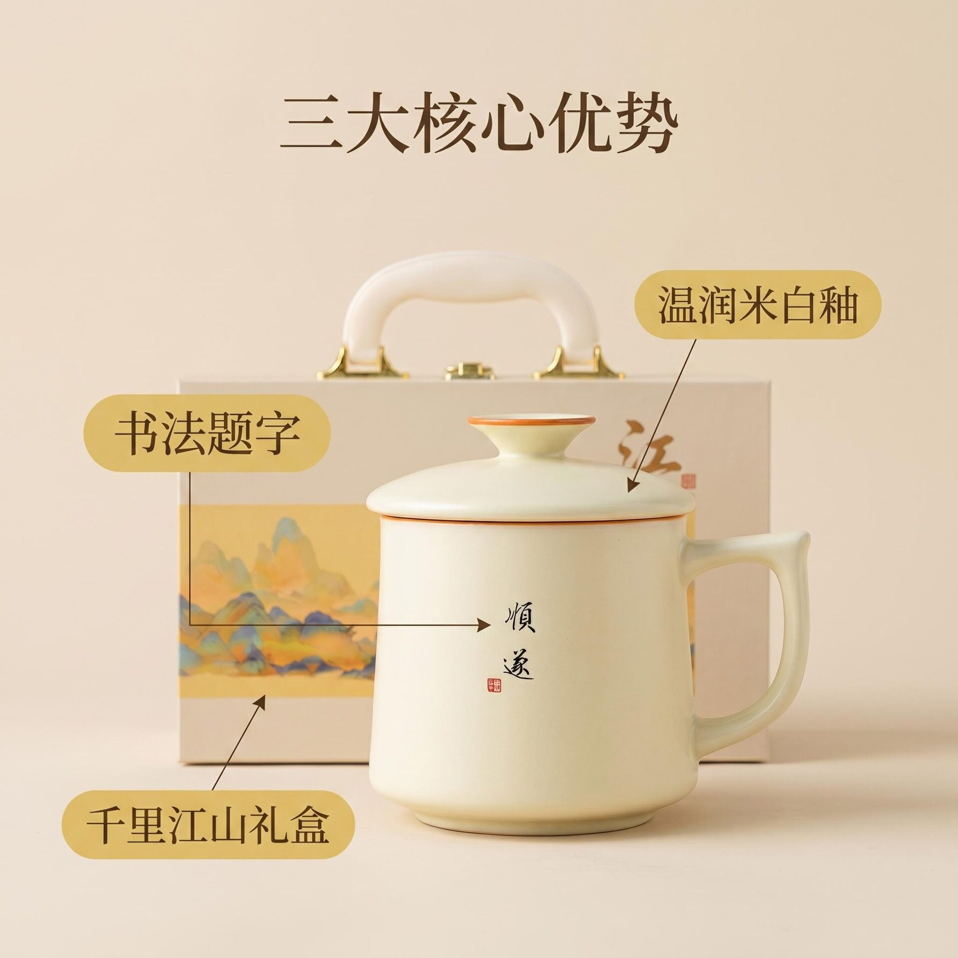 汝窑水杯陶瓷带盖马克杯