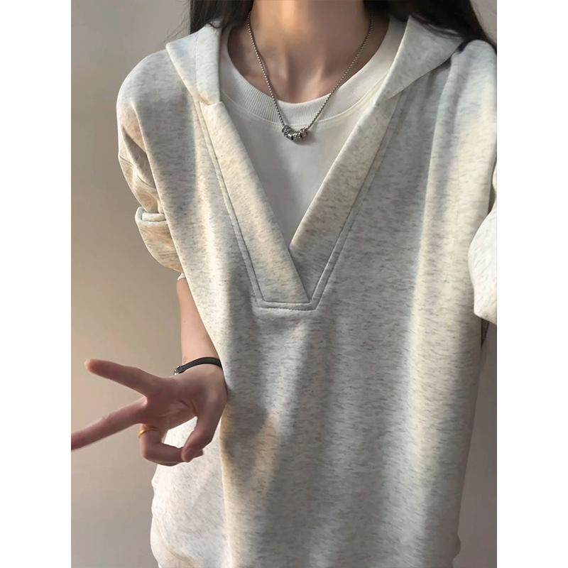 白灰色假两件连帽卫衣男女款秋季设计感V领长袖t恤学院风情侣外套