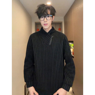 黑色重磅鱼骨纹斜拉链卫衣男女款春秋美式正肩内打打底衫长袖T恤