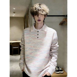 高级感七彩polo卫衣男款春秋加绒小香风针织长袖t恤复古情侣外套