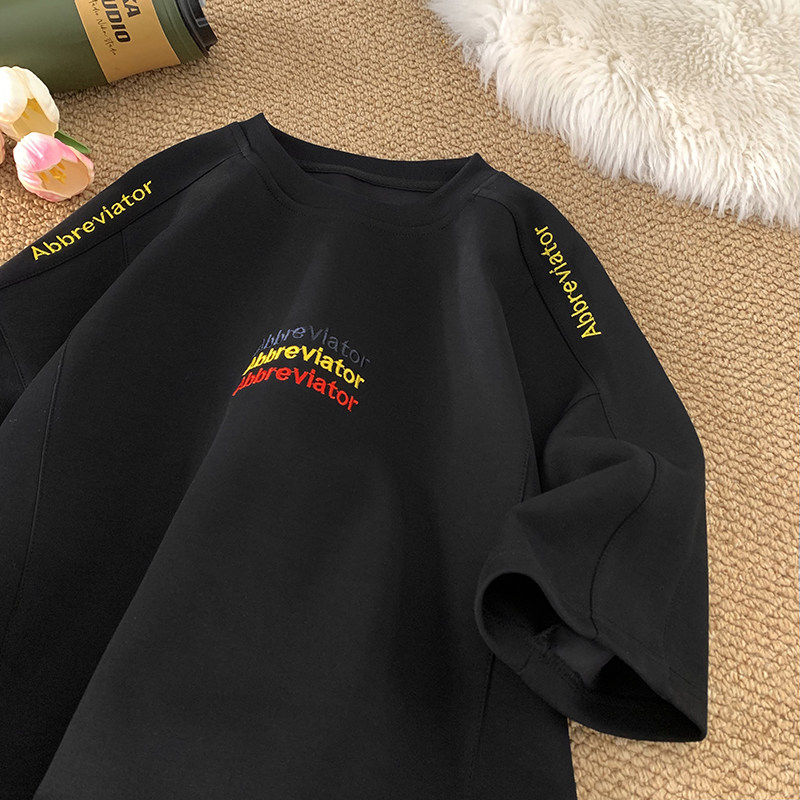 美式重磅宽松落肩袖短袖t恤男春潮牌彩色字母刺绣休闲圆领体恤ins