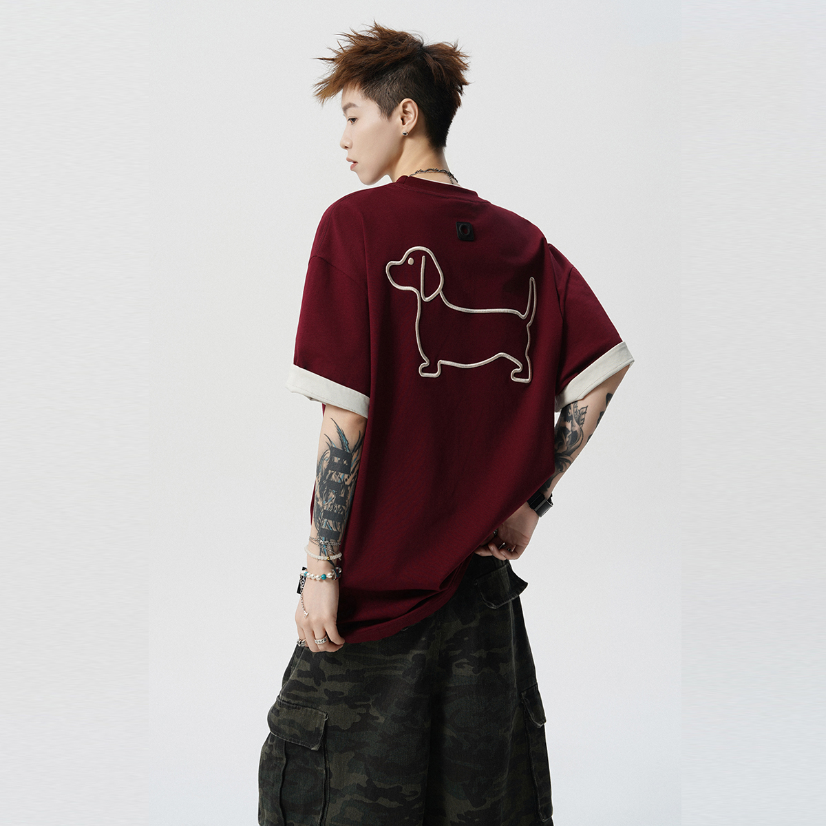美式空心小狗刺绣短袖男女夏高街撞色拼接半袖T恤宽松高级感上衣