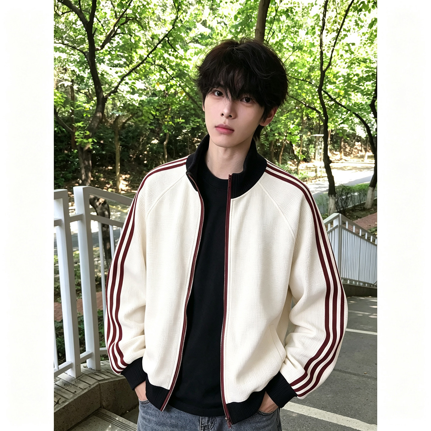 白色华夫格三条杠外套男款秋撞色立领运动夹克高级感情侣开衫卫衣