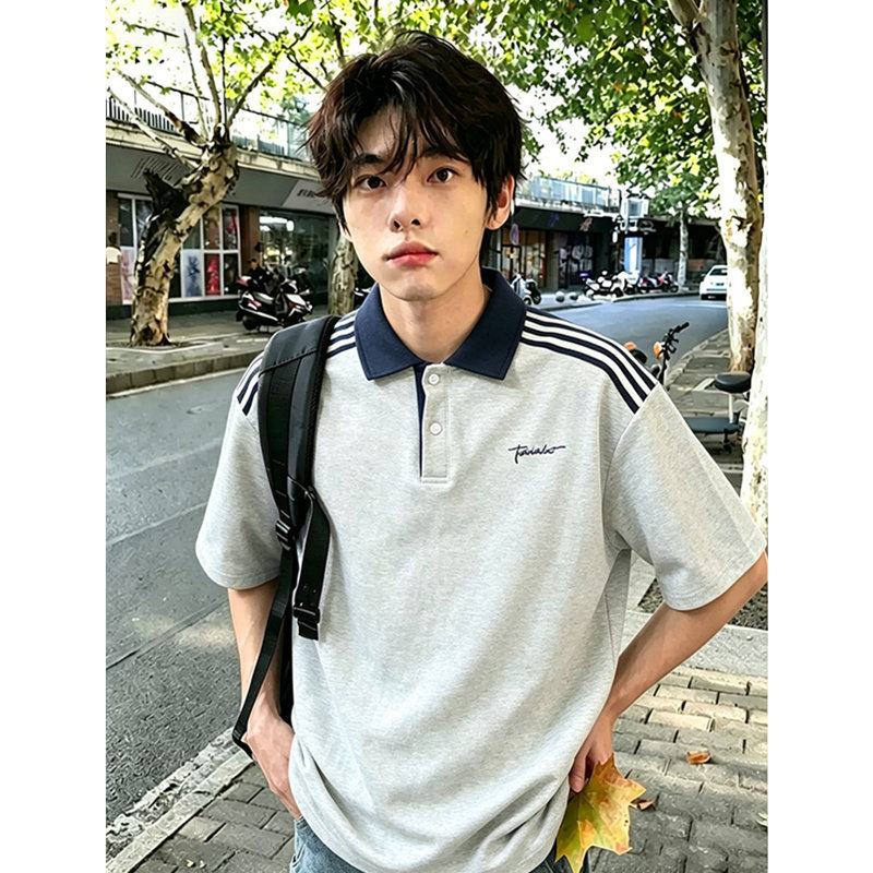 美式条纹撞色POLO衫短袖t恤男生夏季新款宽松学院风潮牌半袖上衣