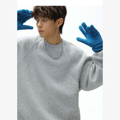 美式boxy太空棉拼接圆领卫衣男女秋季新款宽松百搭套头短上衣情侣