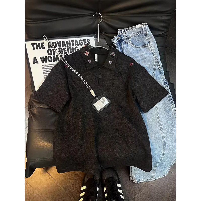 美式扎染刺绣短袖男款polo衫夏季潮牌痞帅正肩t恤设计感小众半袖