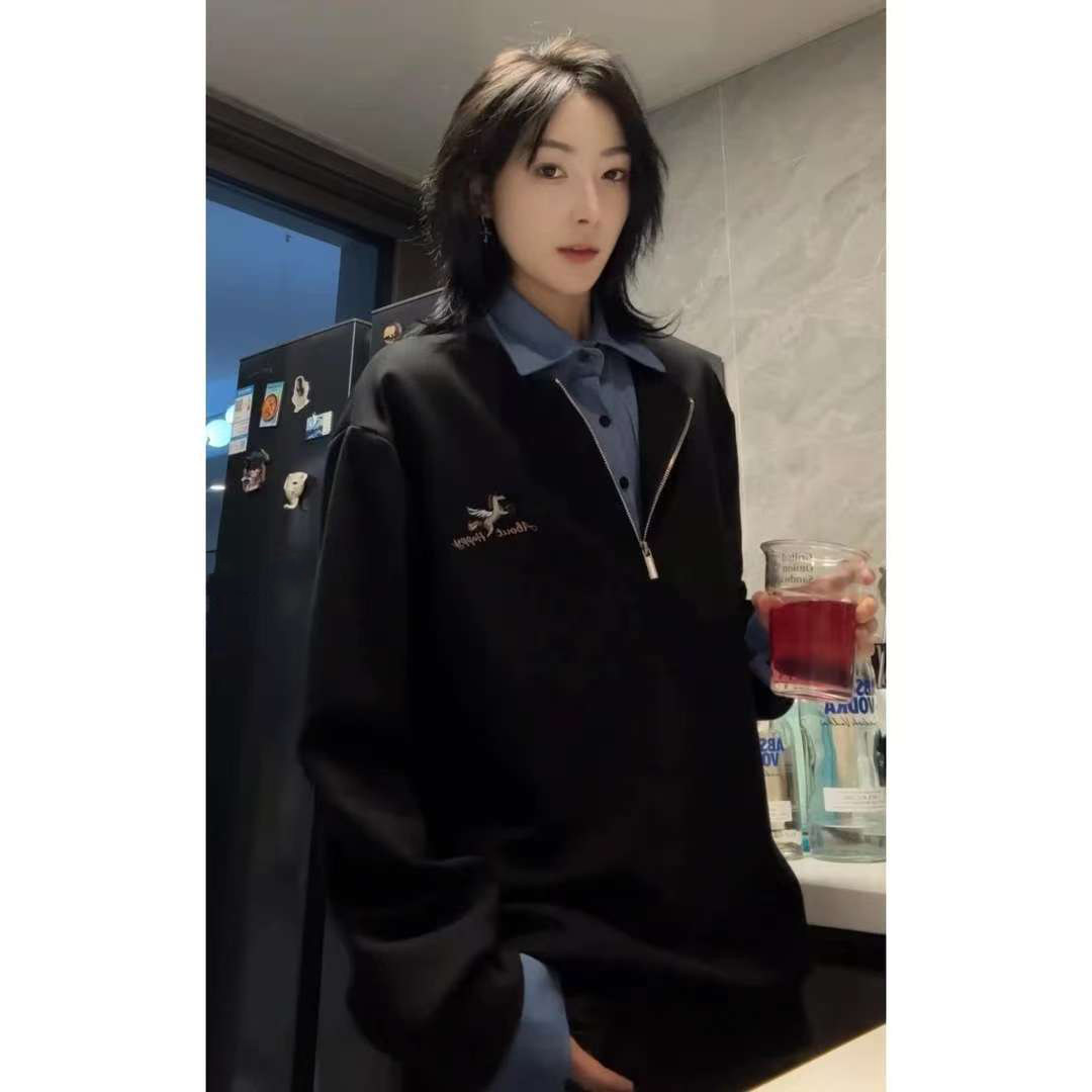 黑色假两件衬衫领卫衣男款春季美式半拉链长袖t恤刺绣学院风外套