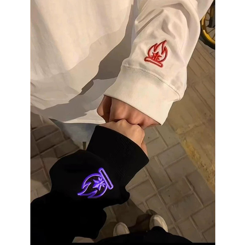 burnin小火苗刺绣卫衣男女款秋季潮牌美式高街长袖t恤内搭打底衫