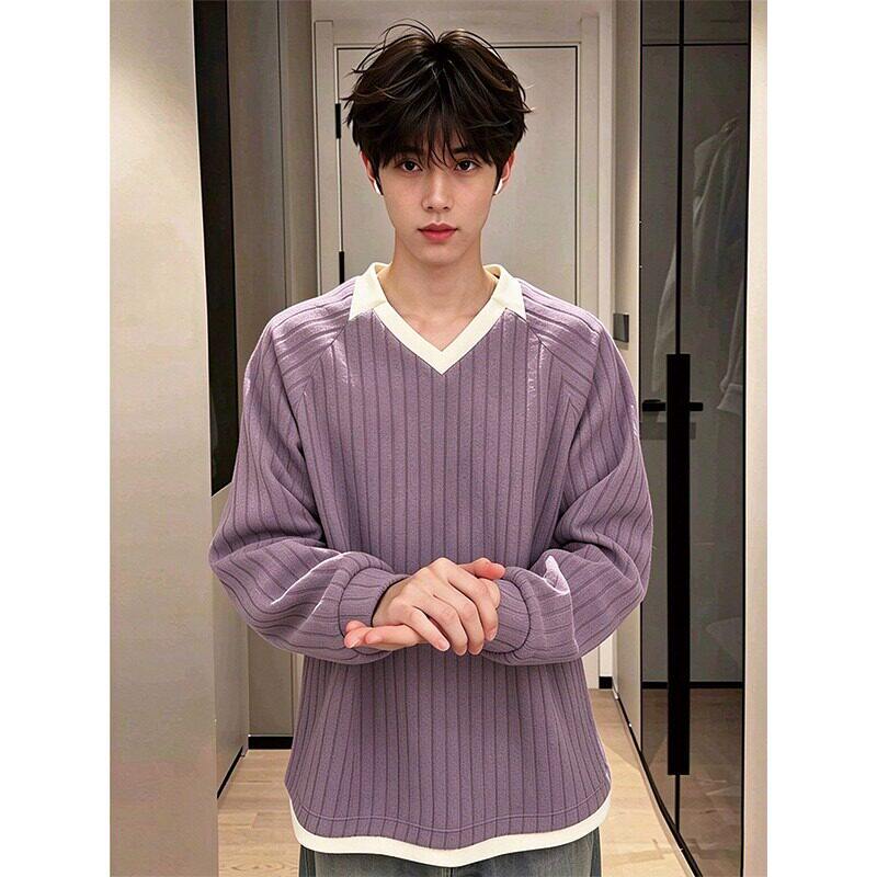 假两件v领毛衣男款秋冬季加绒