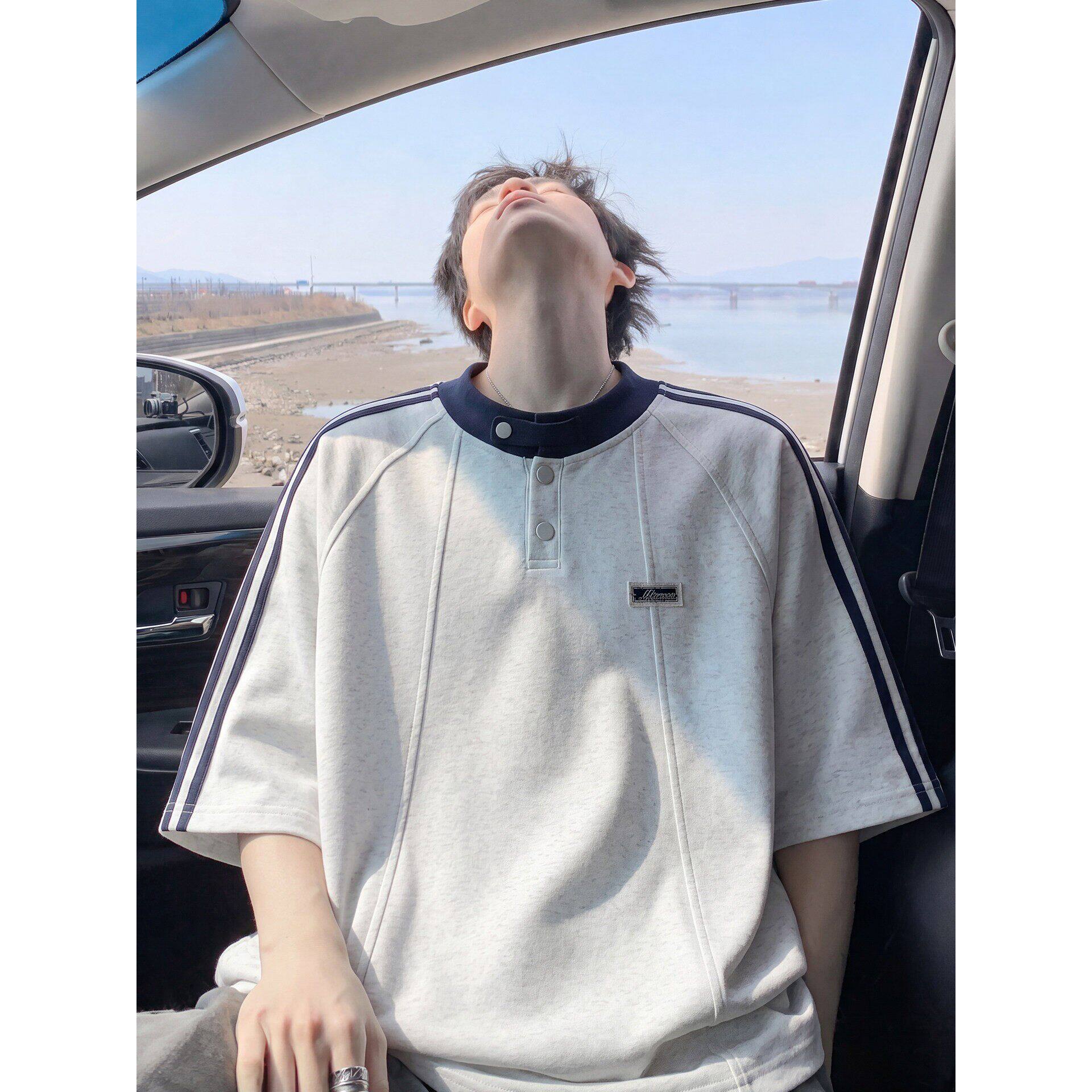 美式三条杠拼接POLO衫短袖男夏季运动休闲T恤青少年宽松半袖上衣