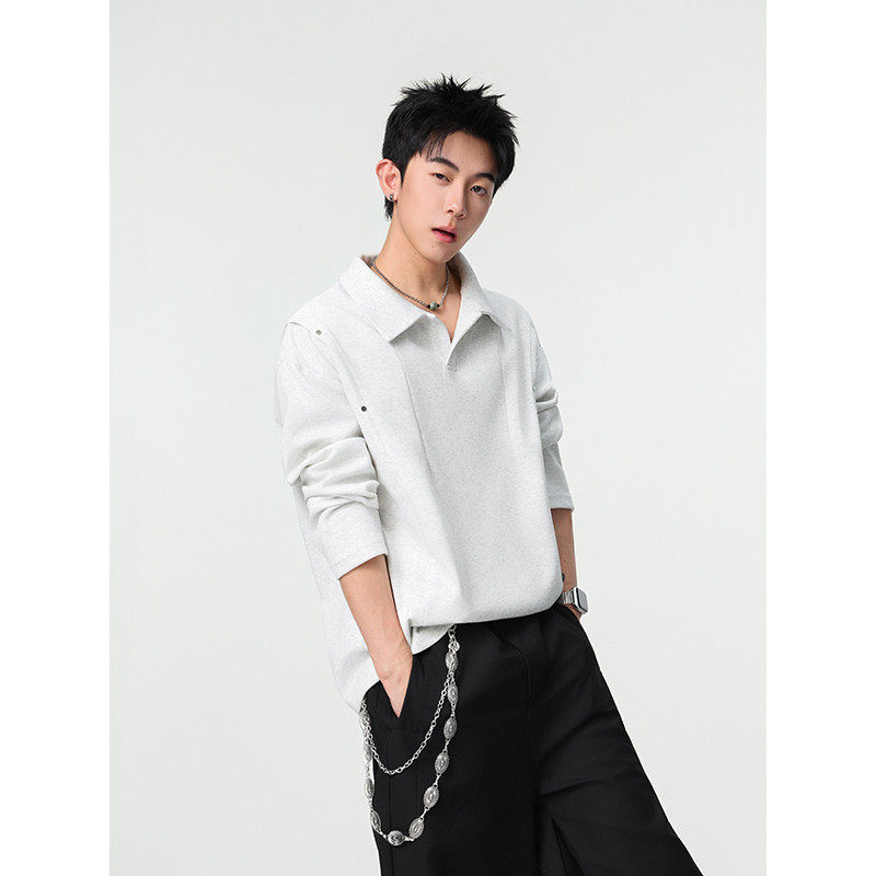 白灰色解构重磅Polo衫男秋季美式设计感长袖t恤廊形重磅翻领卫衣