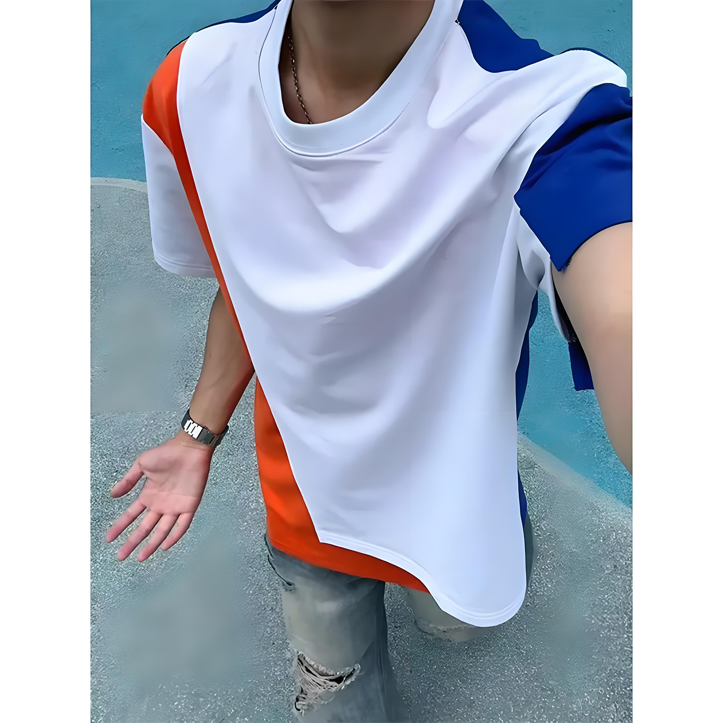 发型师潮牌男装撞色拼接设计高级感短袖夏季多巴胺穿搭宽松t恤衫
