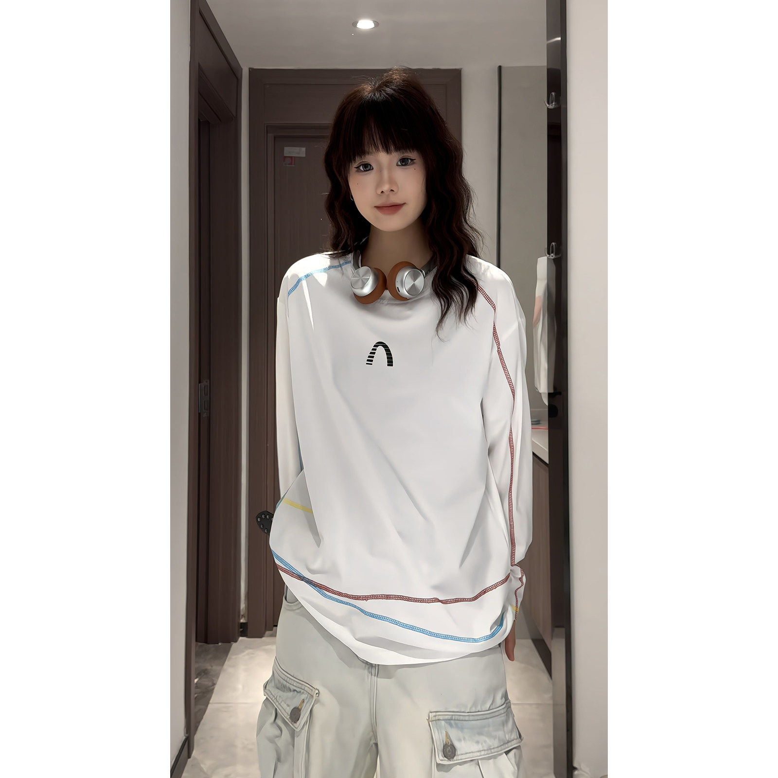 美式潮牌线条缝线白色长袖T恤男女新款春季重磅圆领套头上衣打底